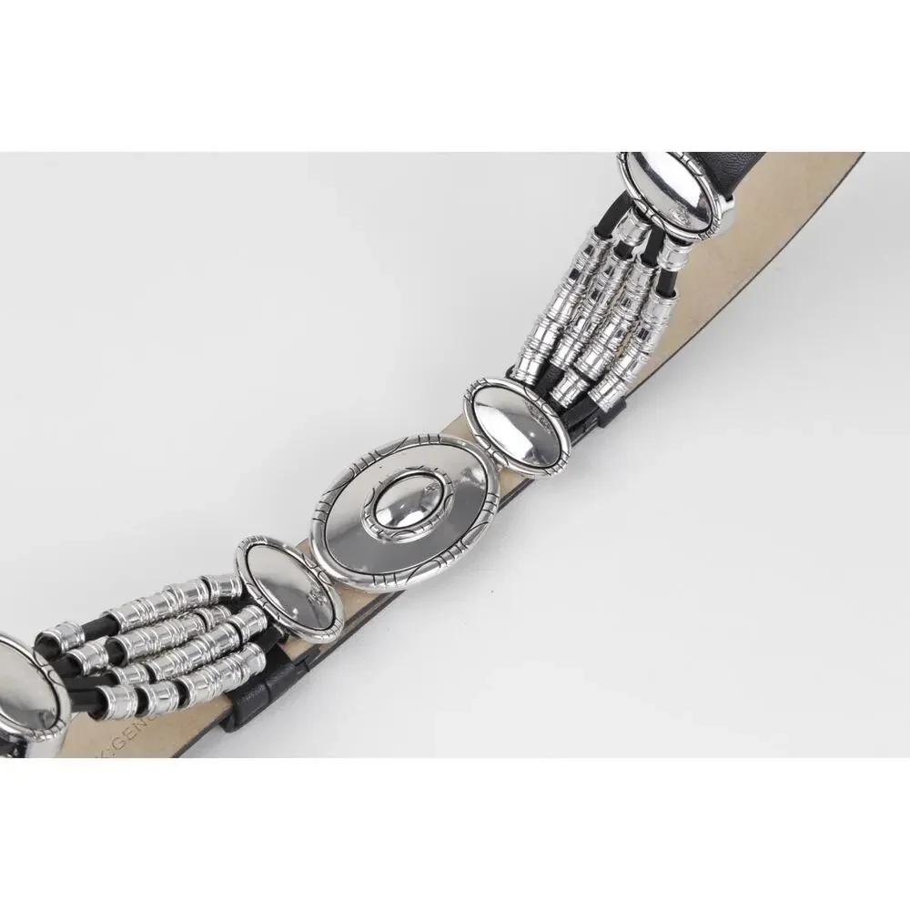 Chico’s Black Leather Southwestern Silver Concho Oval Buckle Belt Size S/M Small